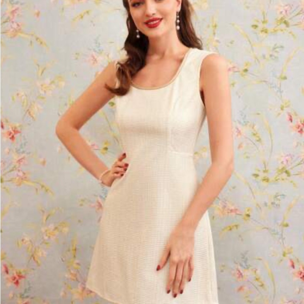 SHEIN Elegant Women's Sleeveless Woolen Dress With Chunky Plaid Color Cream